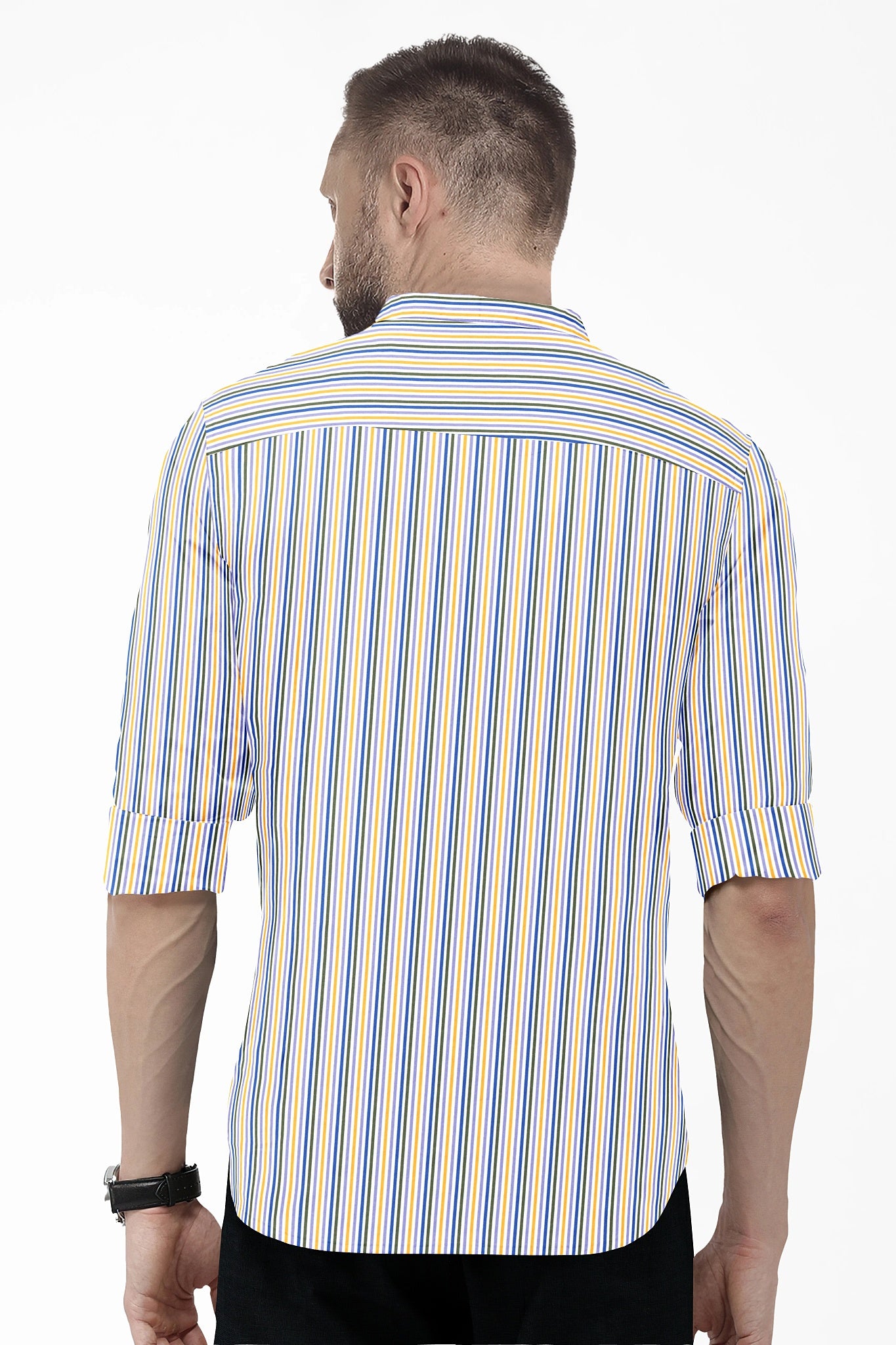 White with Lapis Blue and Lemon Yellow Multicolored Multitrack Mandarin Collar Stripes Cotton Shirt
