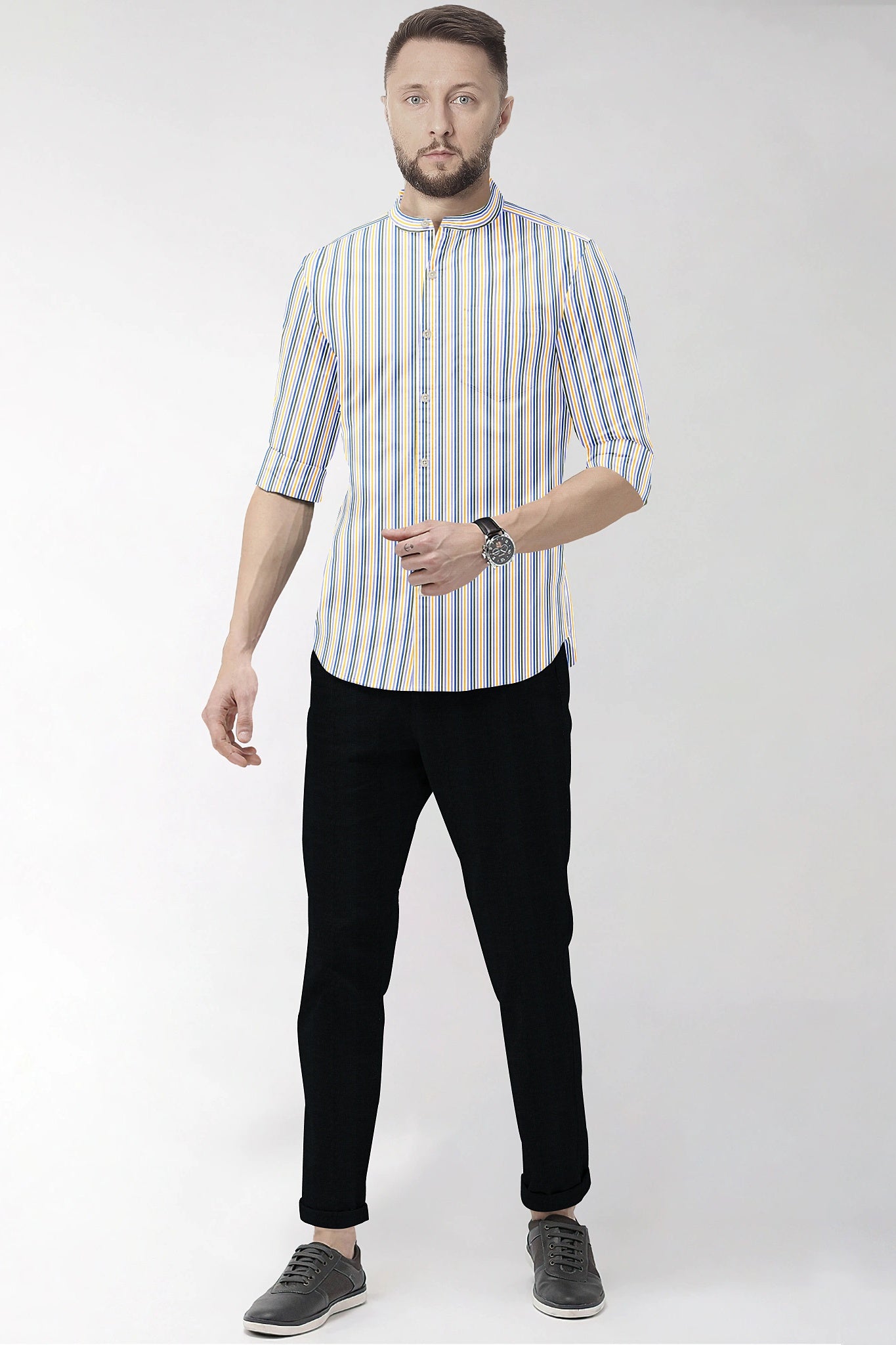 White with Lapis Blue and Lemon Yellow Multicolored Multitrack Mandarin Collar Stripes Cotton Shirt