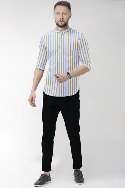White with Lapis Blue and Lemon Yellow Multicolored Multitrack Mandarin Collar Stripes Cotton Shirt