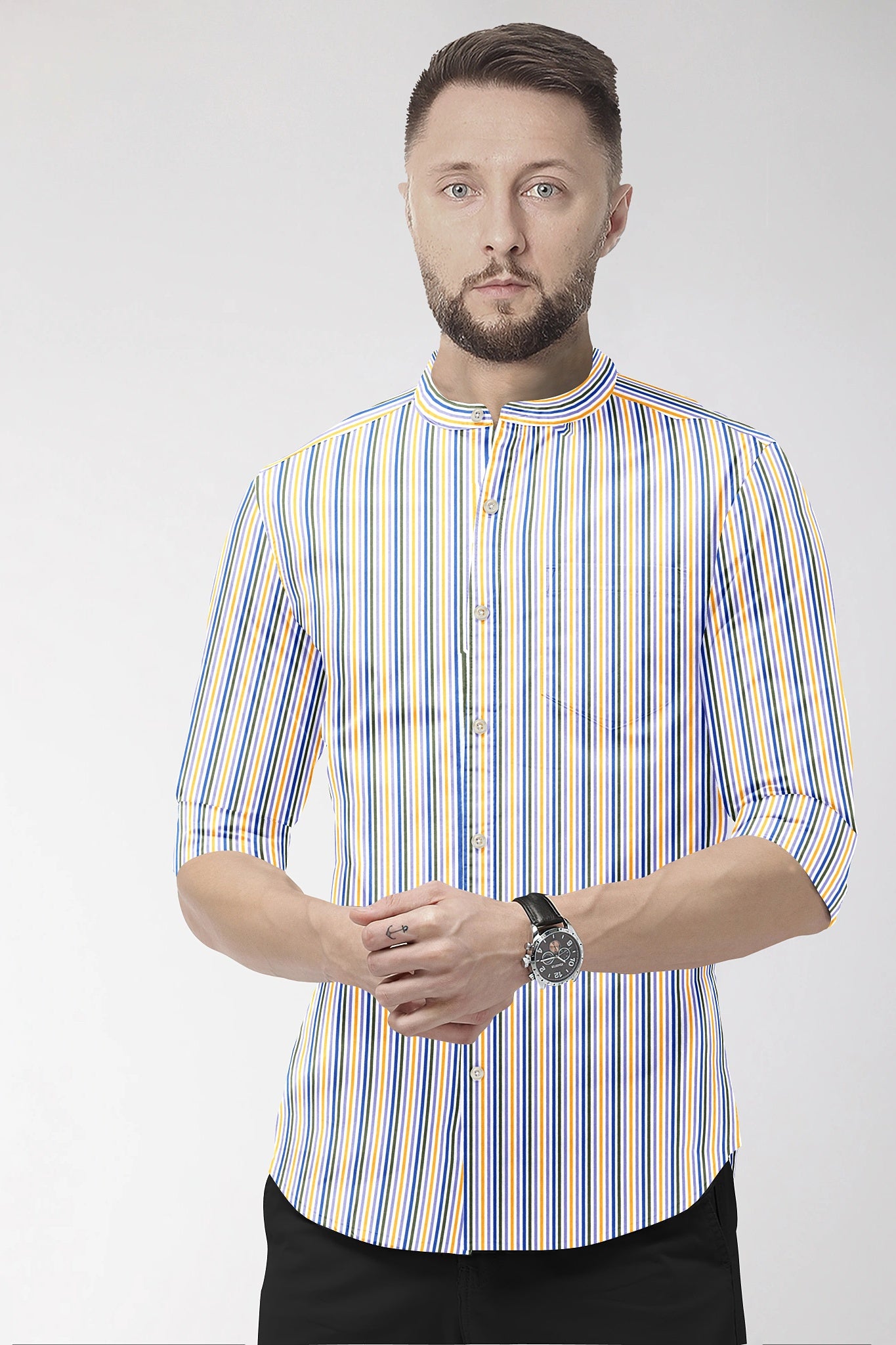 White with Lapis Blue and Lemon Yellow Multicolored Multitrack Mandarin Collar Stripes Cotton Shirt