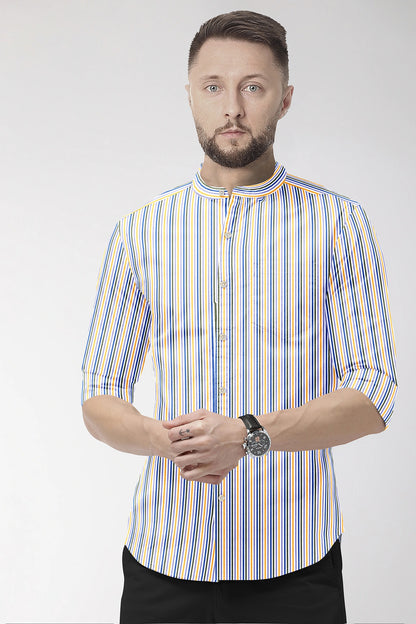 White with Lapis Blue and Lemon Yellow Multicolored Multitrack Mandarin Collar Stripes Cotton Shirt