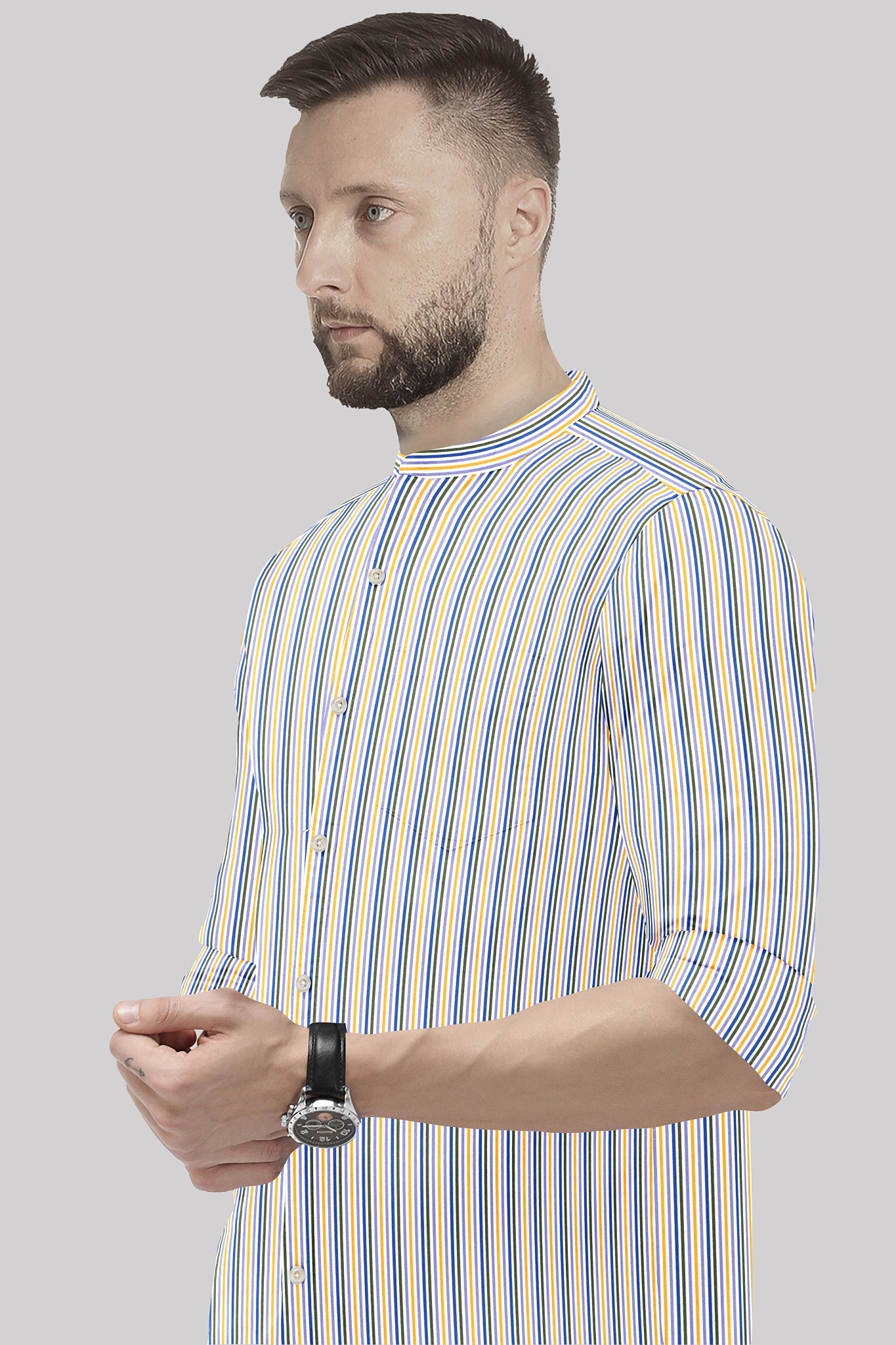 White with Lapis Blue and Lemon Yellow Multicolored Multitrack Mandarin Collar Stripes Cotton Shirt