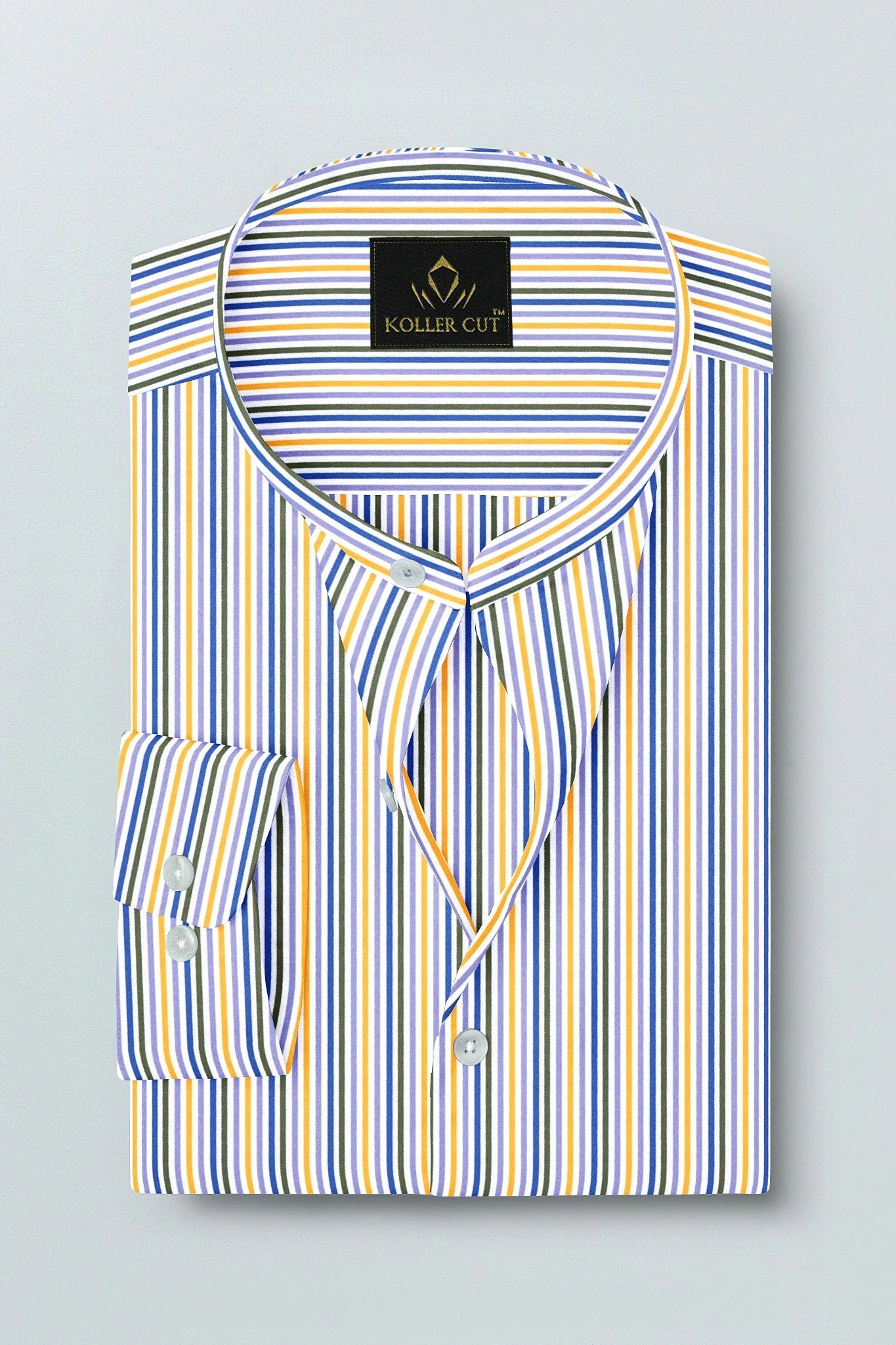 White with Lapis Blue and Lemon Yellow Multicolored Multitrack Mandarin Collar Stripes Cotton Shirt