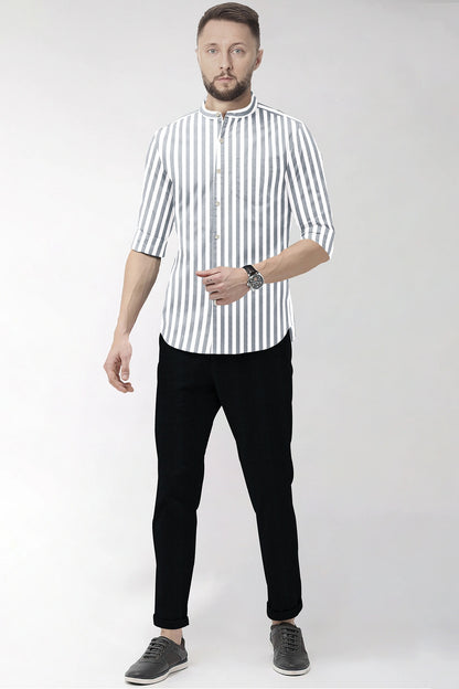 Lunar Gray and White Awning Stripes Mandarin Collar Cotton Shirt