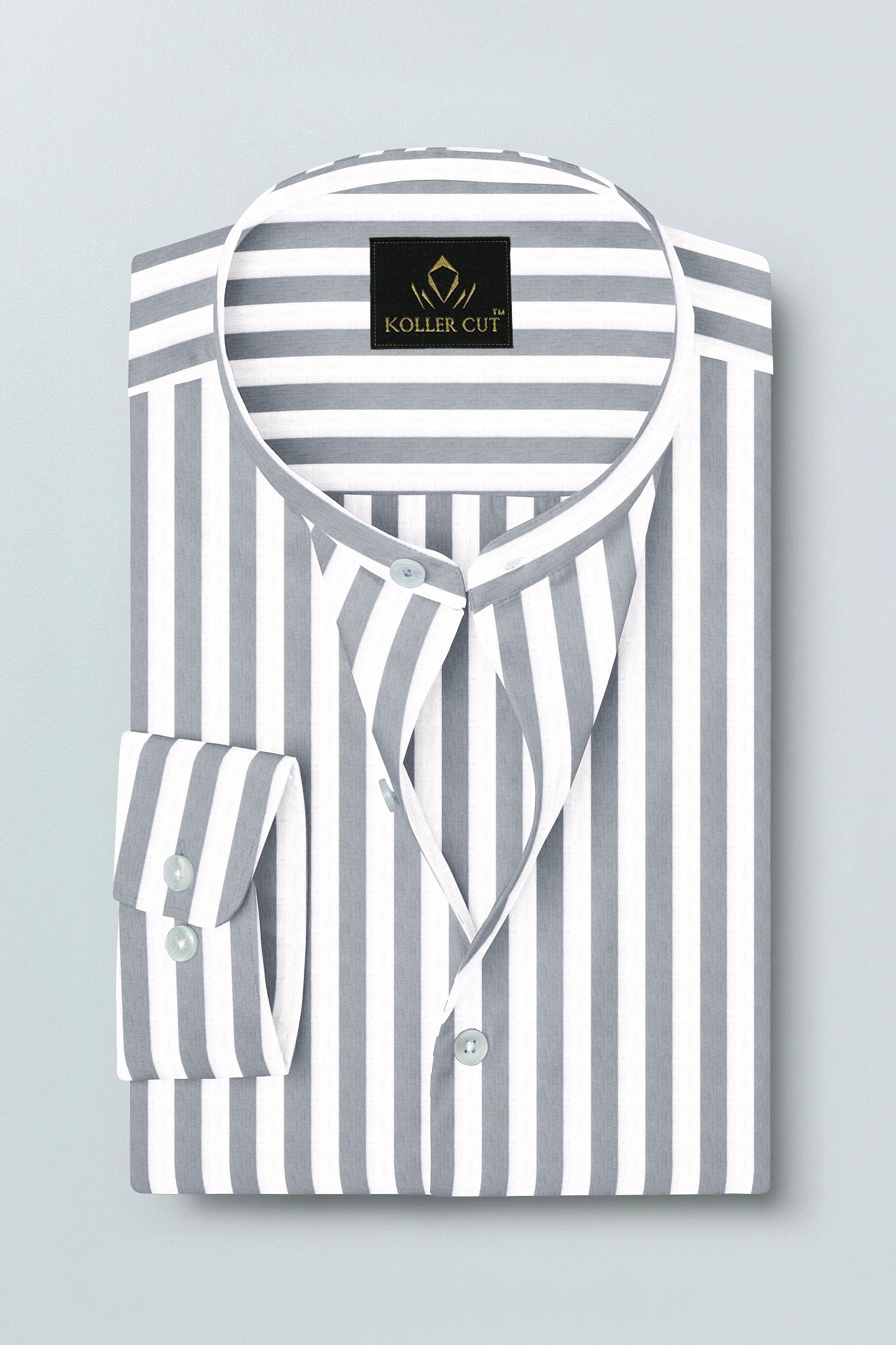 Lunar Gray and White Awning Stripes Mandarin Collar Cotton Shirt