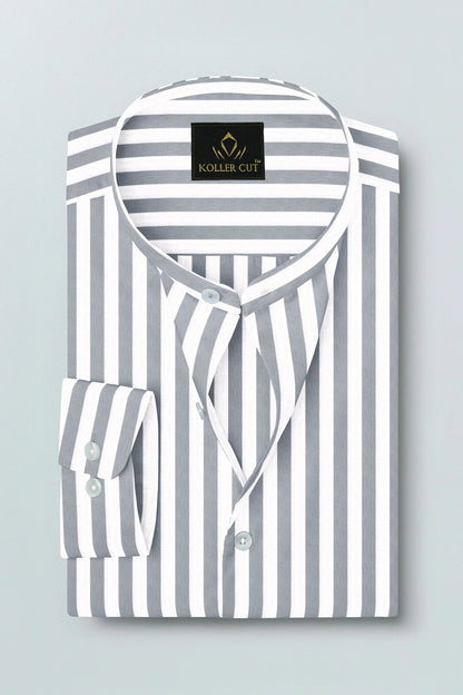 Lunar Gray and White Awning Stripes Mandarin Collar Cotton Shirt