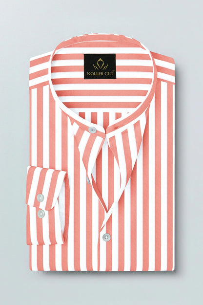 Apricot Blush Peach and White Awning Stripes Mandarin Collar Cotton Shirt