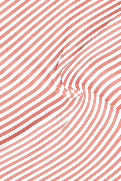 Apricot Blush Peach and White Awning Stripes Mandarin Collar Cotton Shirt