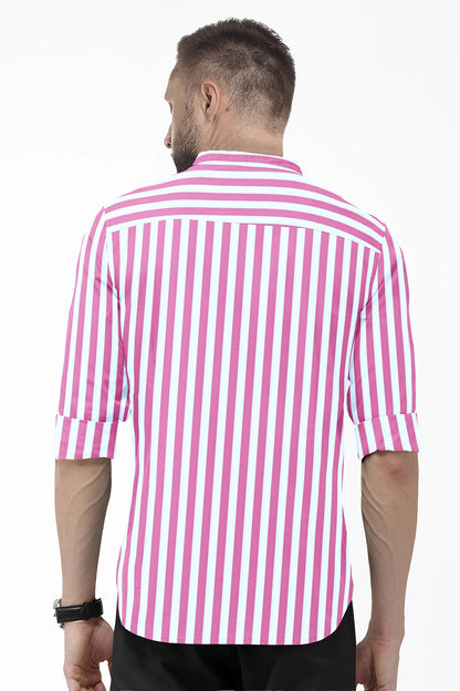 Phlox Pink and White Awning Stripes Mandarin Collar Cotton Shirt