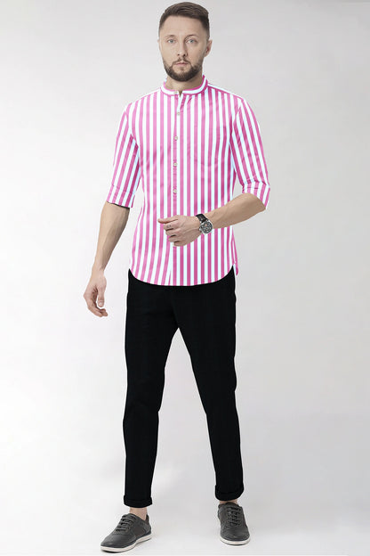 Phlox Pink and White Awning Stripes Mandarin Collar Cotton Shirt