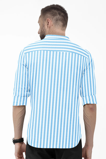 Cloisonne Blue and White Awning Stripes Mandarin Collar Cotton Shirt