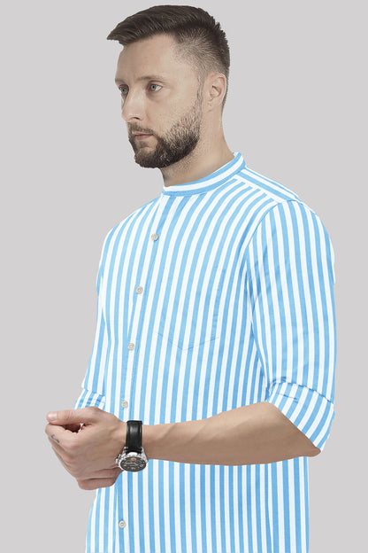 Cloisonne Blue and White Awning Stripes Mandarin Collar Cotton Shirt