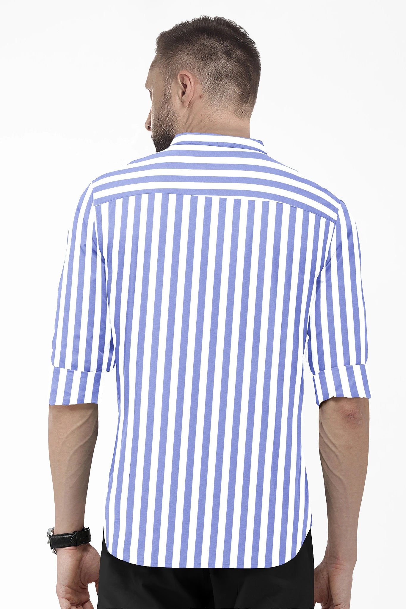 Iolite Blue and White Awning Stripes Mandarin Collar Cotton Shirt