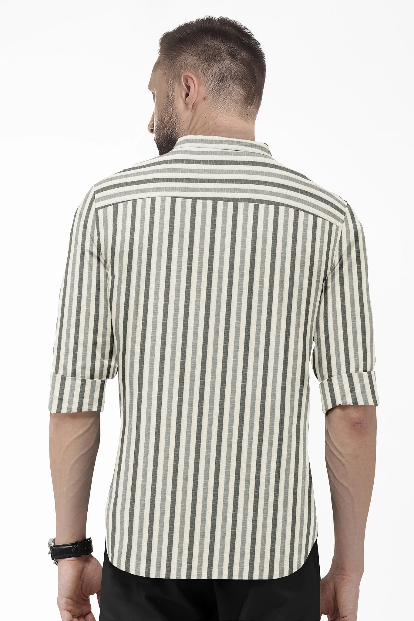 Beige with Cilantro Green and Titanium Gray Multitrack Stripes Mandarin Collar Cotton Linen Shirt