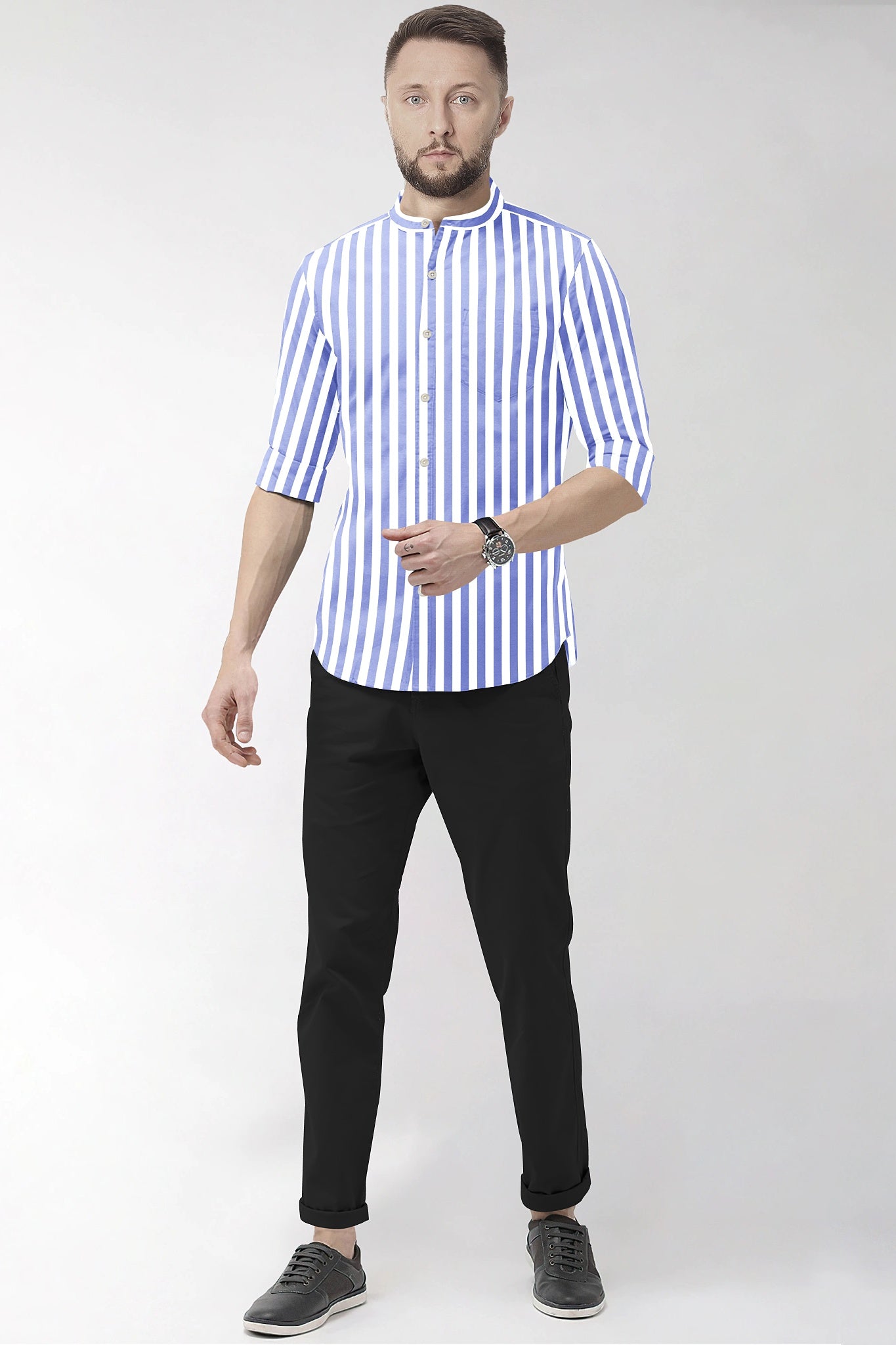 Iolite Blue and White Awning Stripes Mandarin Collar Cotton Shirt