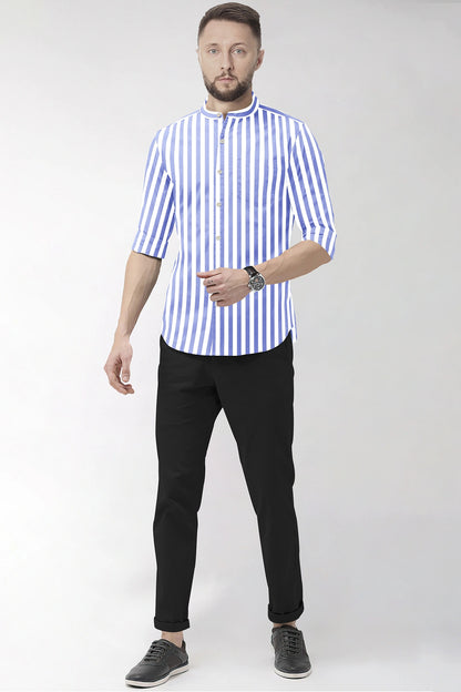 Iolite Blue and White Awning Stripes Mandarin Collar Cotton Shirt