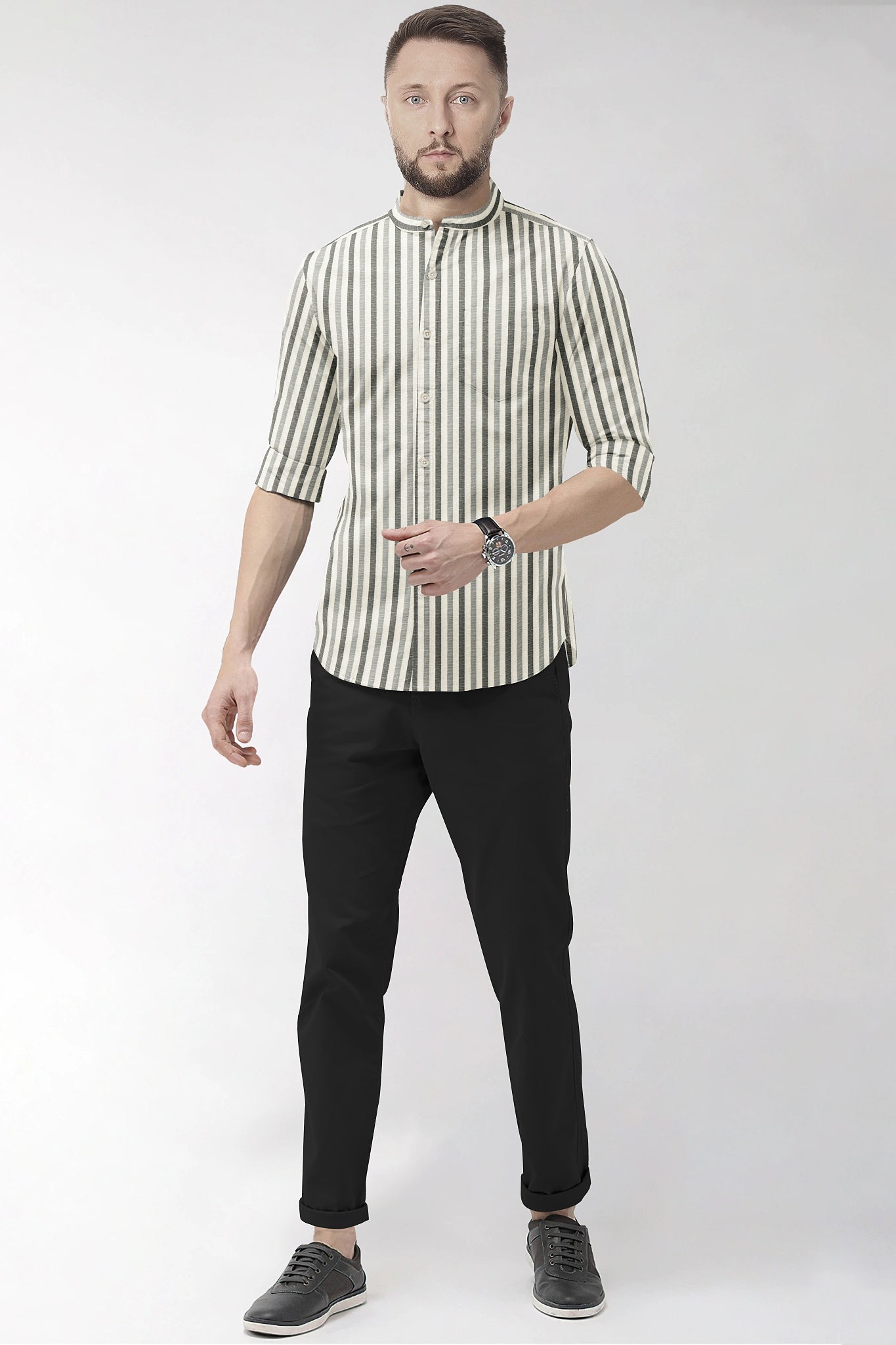 Beige with Cilantro Green and Titanium Gray Multitrack Stripes Mandarin Collar Cotton Linen Shirt