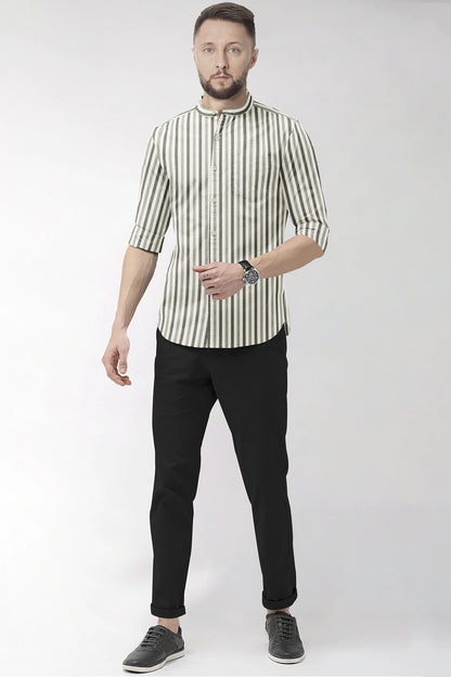 Beige with Cilantro Green and Titanium Gray Multitrack Stripes Mandarin Collar Cotton Linen Shirt