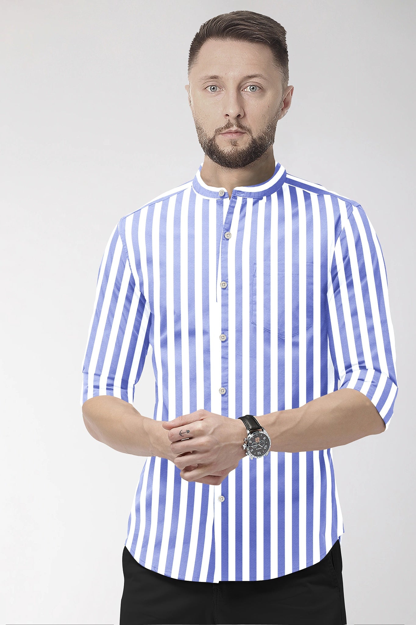 Iolite Blue and White Awning Stripes Mandarin Collar Cotton Shirt