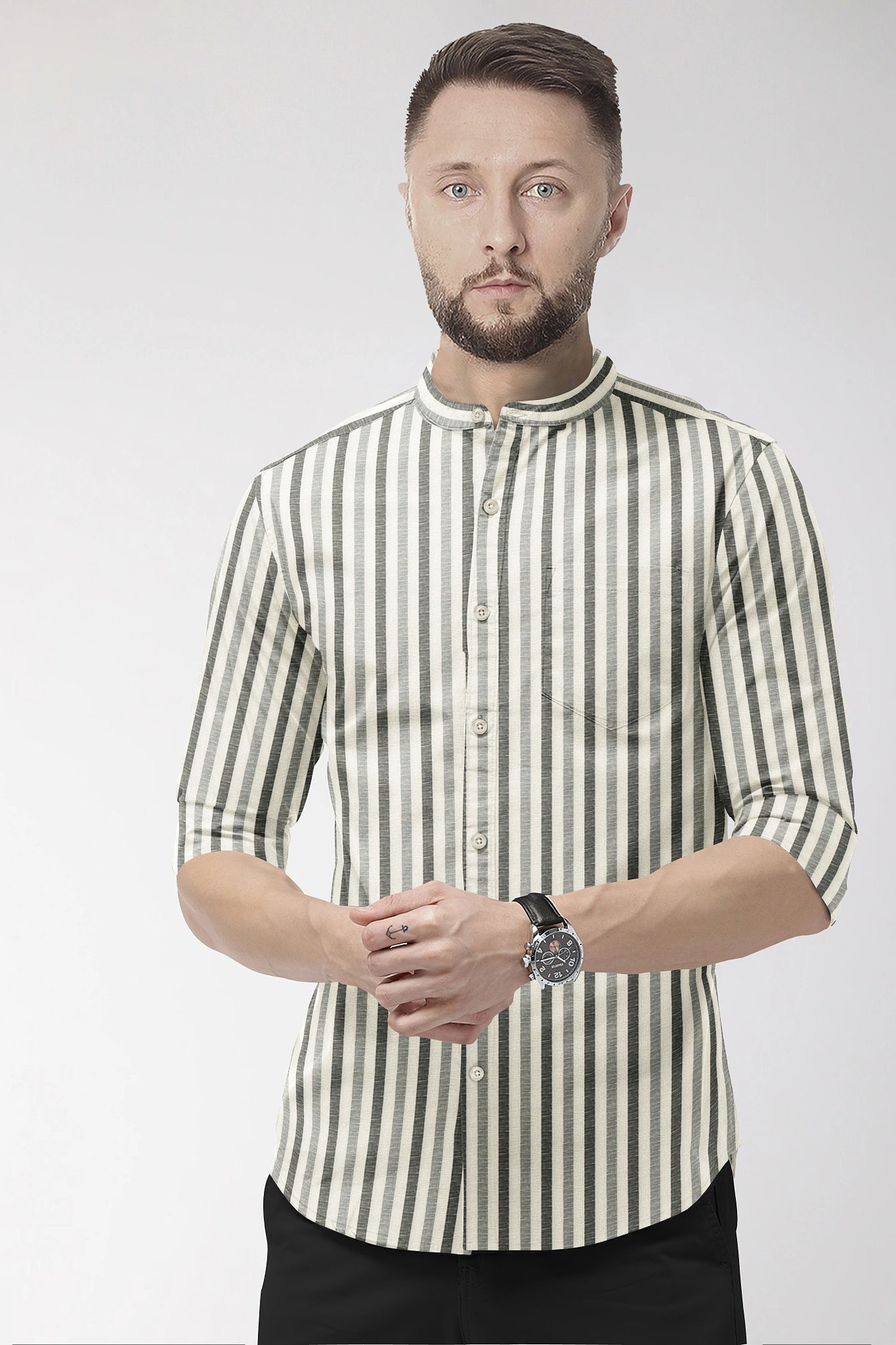 Beige with Cilantro Green and Titanium Gray Multitrack Stripes Mandarin Collar Cotton Linen Shirt