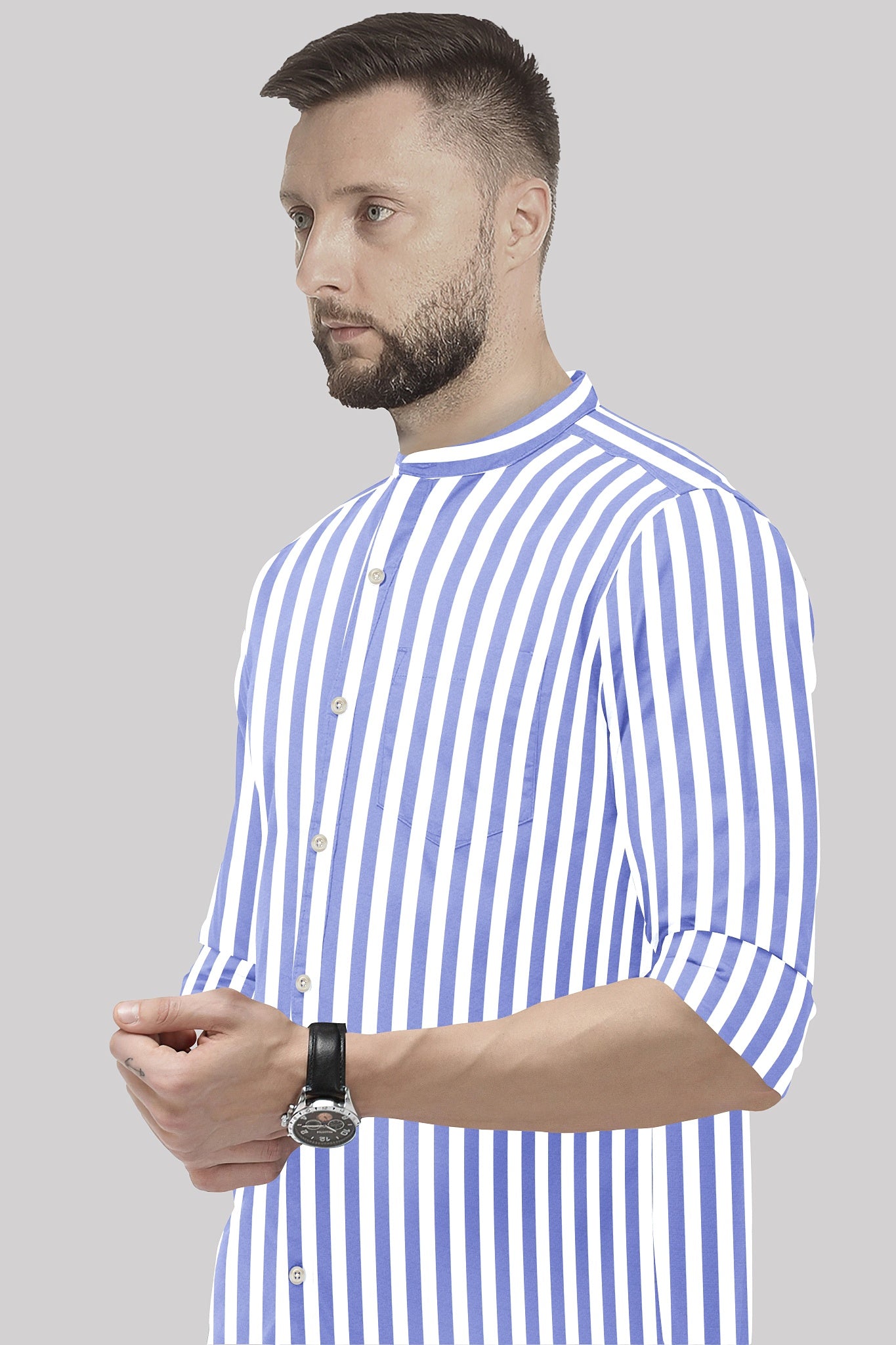 Iolite Blue and White Awning Stripes Mandarin Collar Cotton Shirt