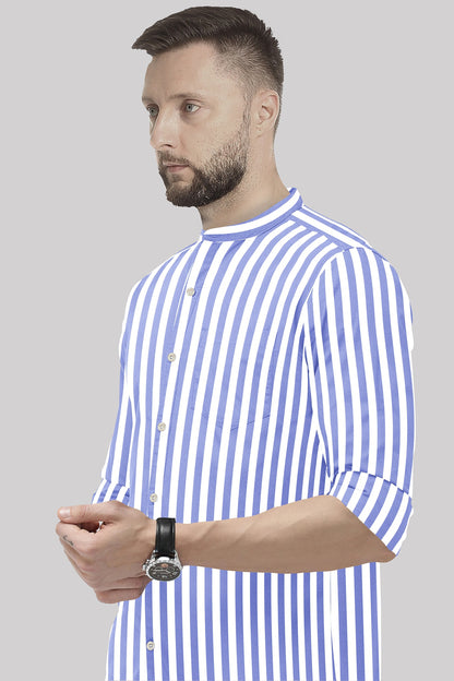 Iolite Blue and White Awning Stripes Mandarin Collar Cotton Shirt