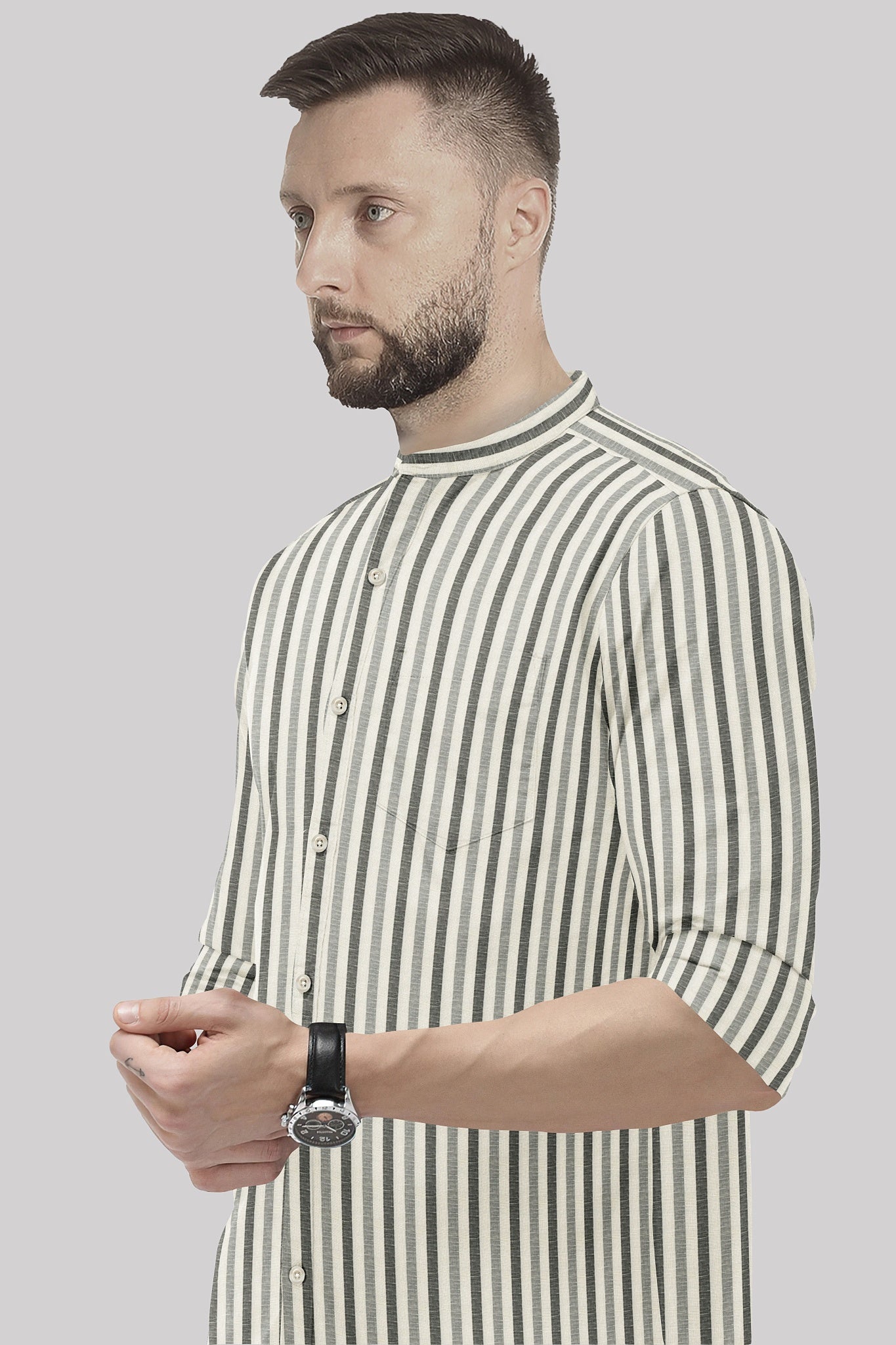 Beige with Cilantro Green and Titanium Gray Multitrack Stripes Mandarin Collar Cotton Linen Shirt