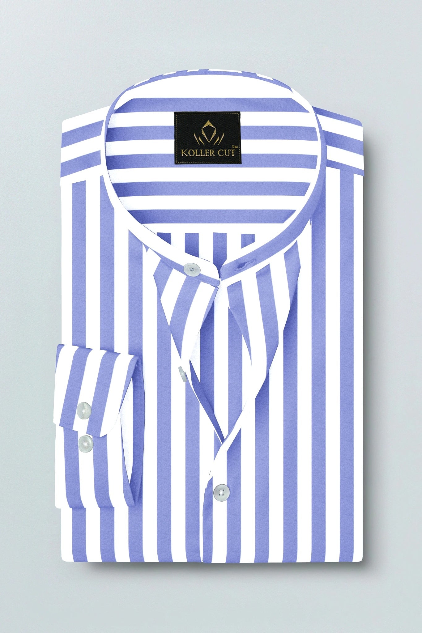 Iolite Blue and White Awning Stripes Mandarin Collar Cotton Shirt