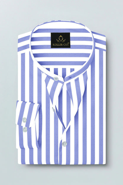 Iolite Blue and White Awning Stripes Mandarin Collar Cotton Shirt