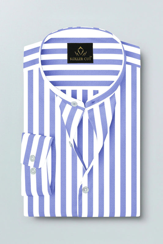 Iolite Blue and White Awning Stripes Mandarin Collar Cotton Shirt