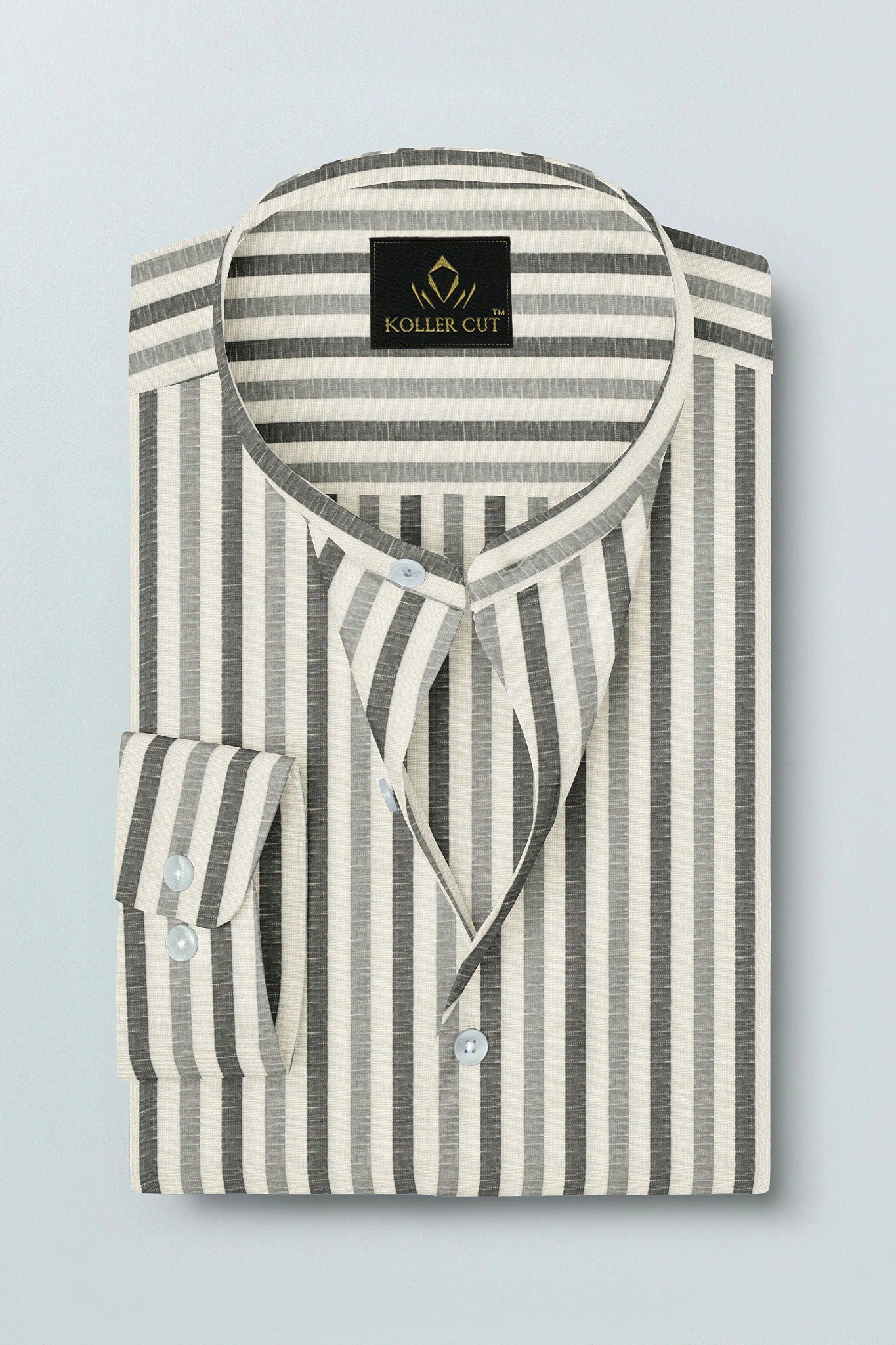 Beige with Cilantro Green and Titanium Gray Multitrack Stripes Mandarin Collar Cotton Linen Shirt