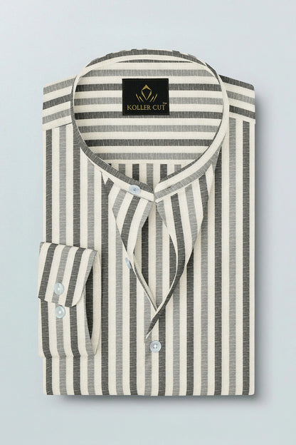 Beige with Cilantro Green and Titanium Gray Multitrack Stripes Mandarin Collar Cotton Linen Shirt