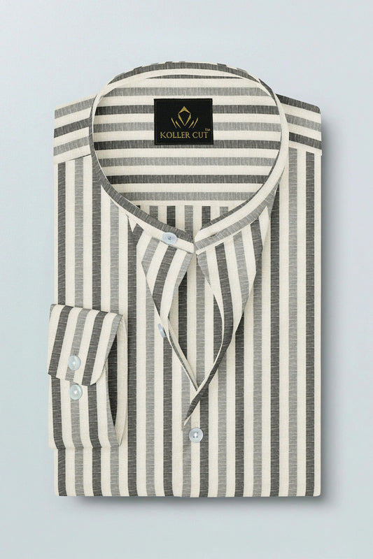 Beige with Cilantro Green and Titanium Gray Multitrack Stripes Mandarin Collar Cotton Linen Shirt