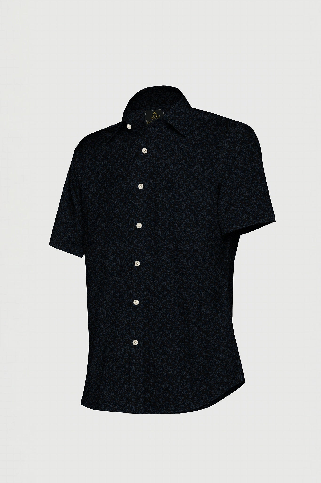 Ebony Black With Carolina Blue Flower Printed Cotton Shirt