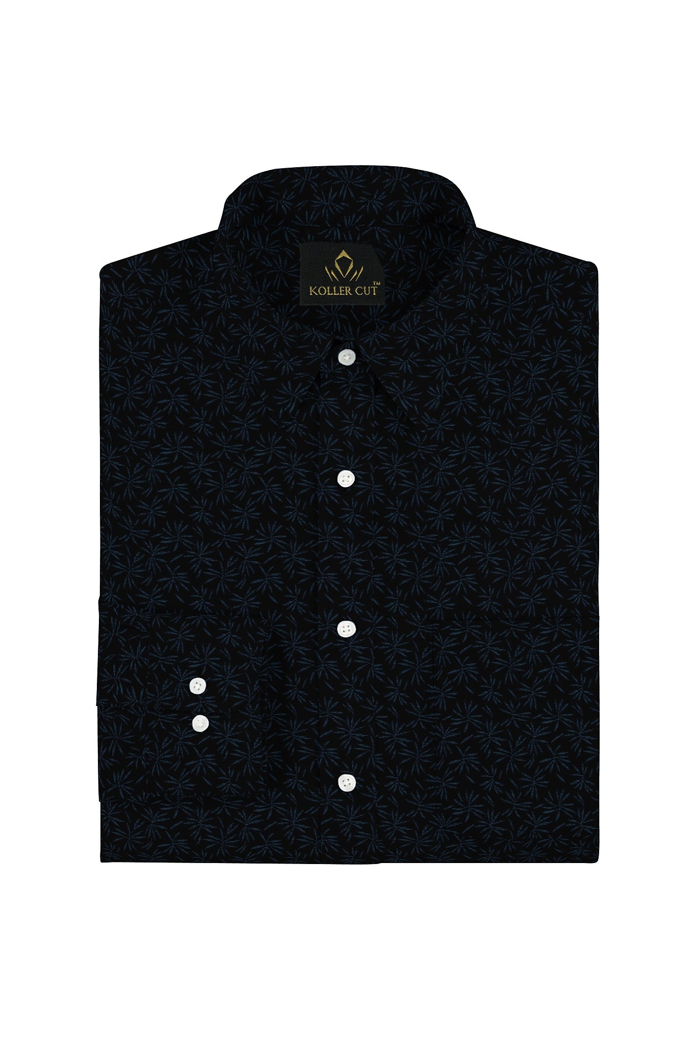Ebony Black With Carolina Blue Flower Printed Cotton Shirt