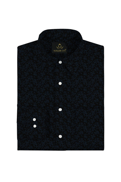 Ebony Black With Carolina Blue Flower Printed Cotton Shirt
