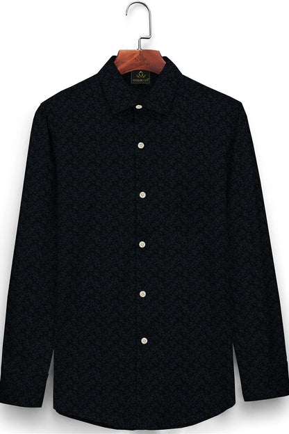 Ebony Black With Carolina Blue Flower Printed Cotton Shirt