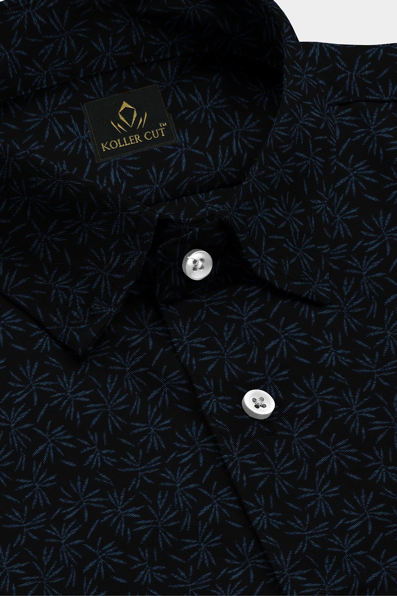 Ebony Black With Carolina Blue Flower Printed Cotton Shirt