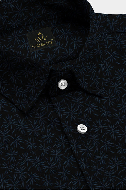 Ebony Black With Carolina Blue Flower Printed Cotton Shirt