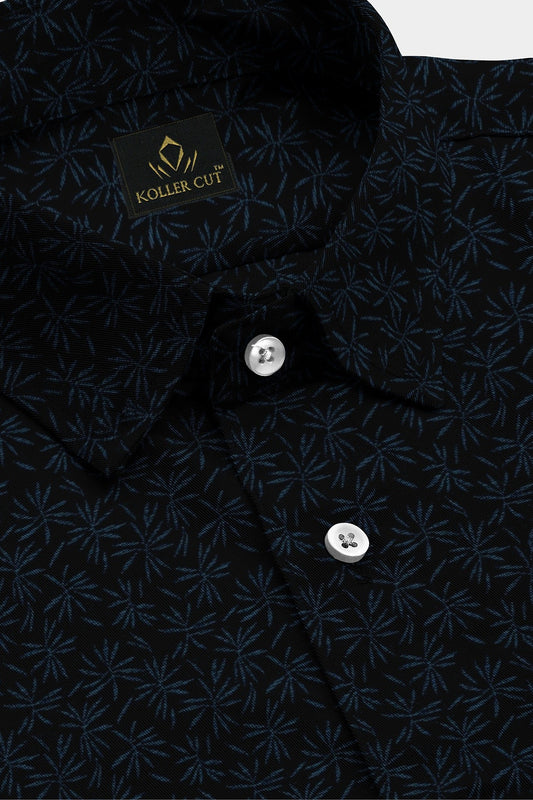 Ebony Black With Carolina Blue Flower Printed Cotton Shirt