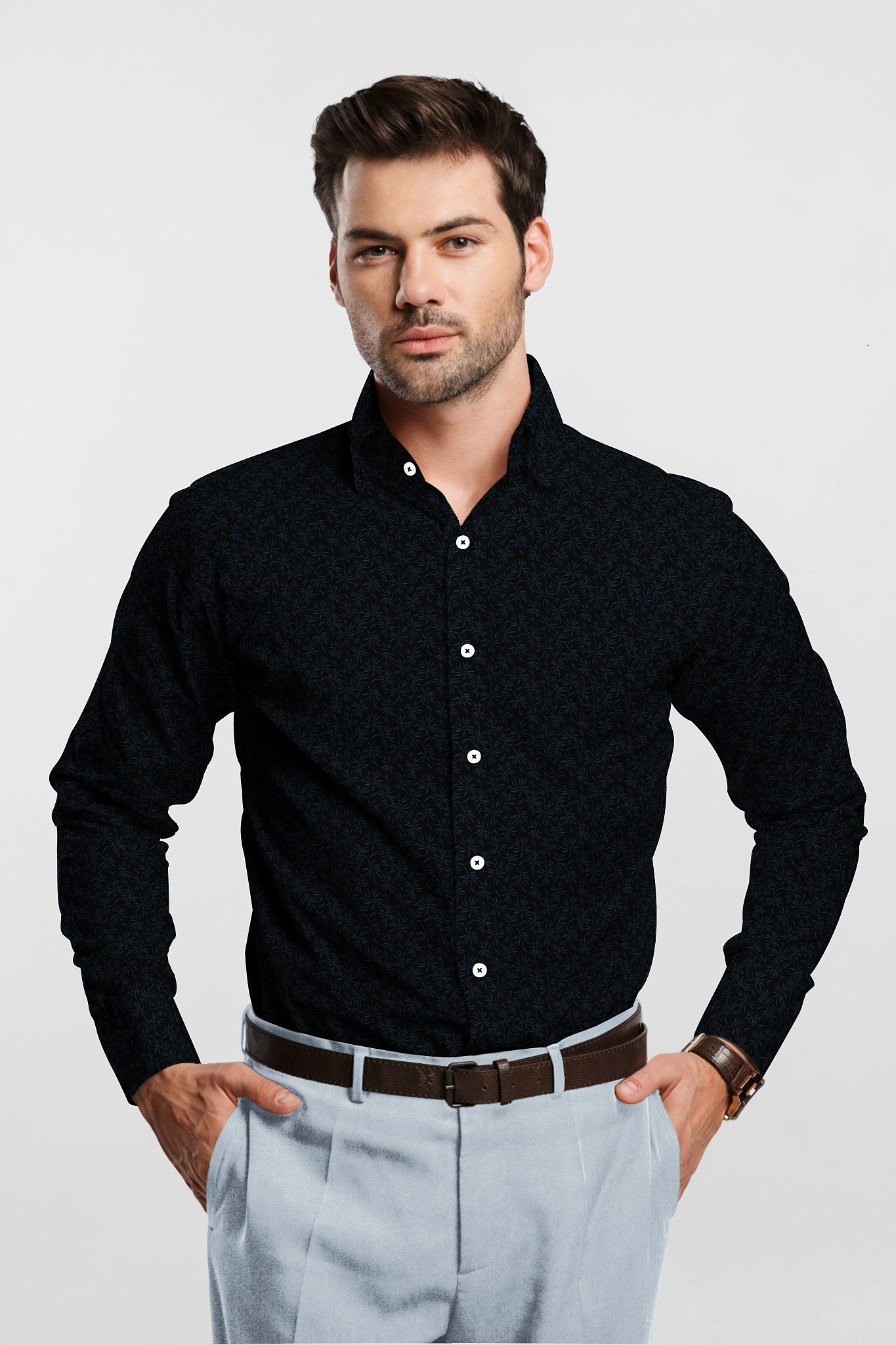 Ebony Black With Carolina Blue Flower Printed Cotton Shirt