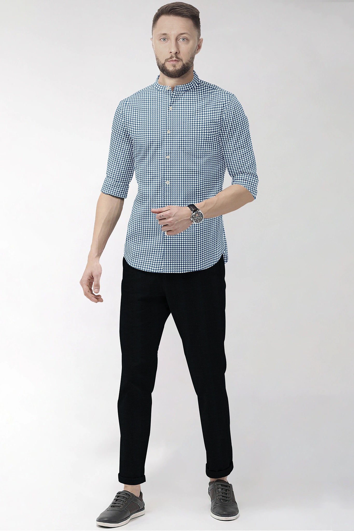 White and Baleine Blue Hounds Tooth Checks Mandarin Collar Cotton Shirt