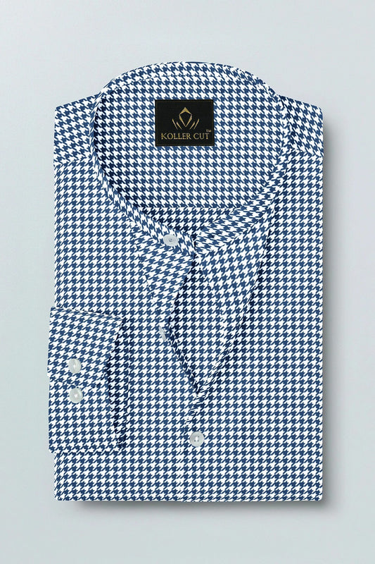White and Baleine Blue Hounds Tooth Checks Mandarin Collar Cotton Shirt