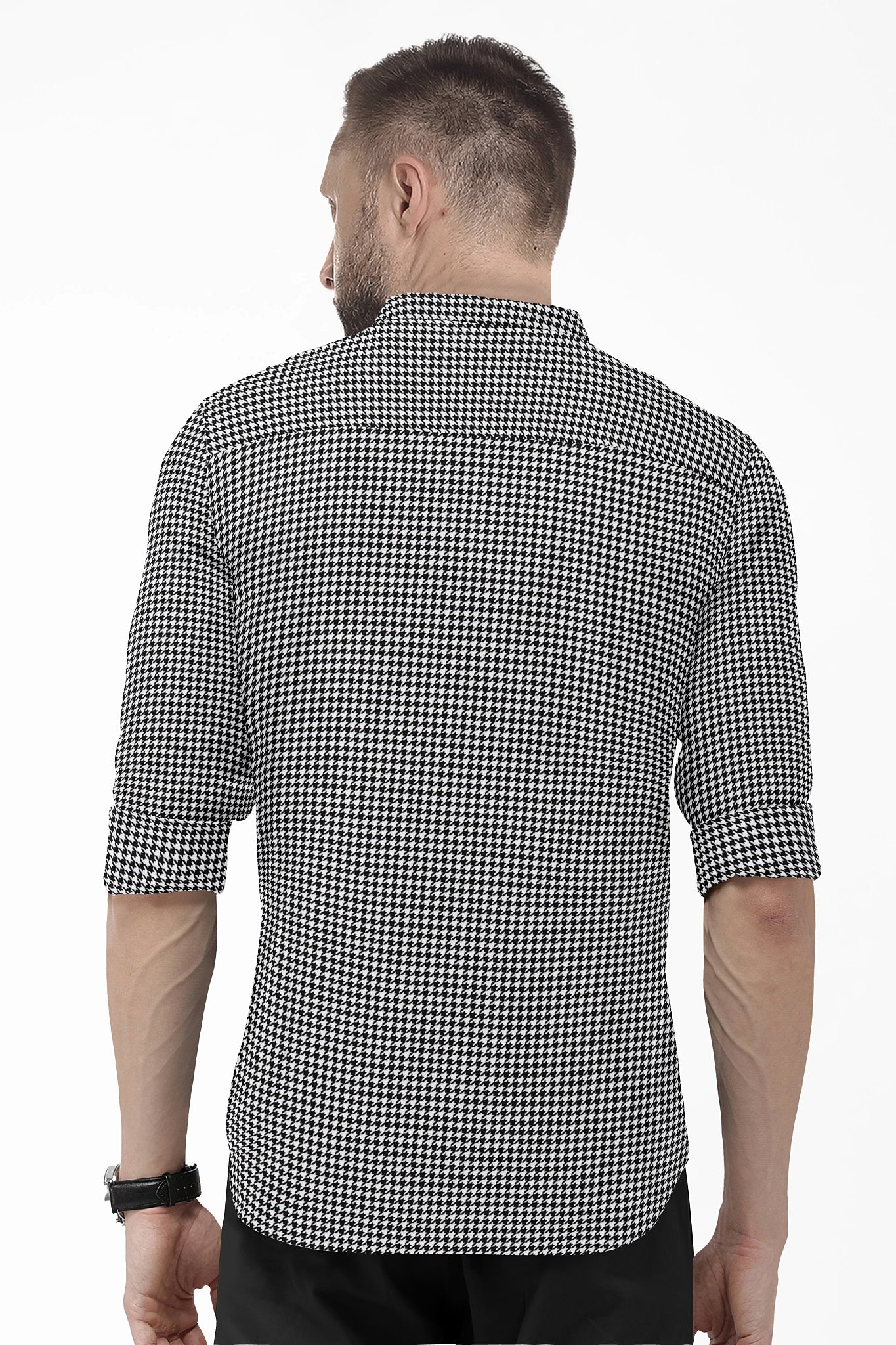 White and Jet Black Hounds Tooth Checks Mandarin Collar Cotton Shirt