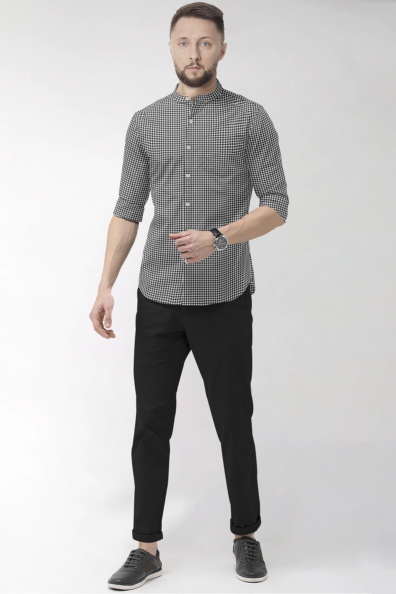 White and Jet Black Hounds Tooth Checks Mandarin Collar Cotton Shirt