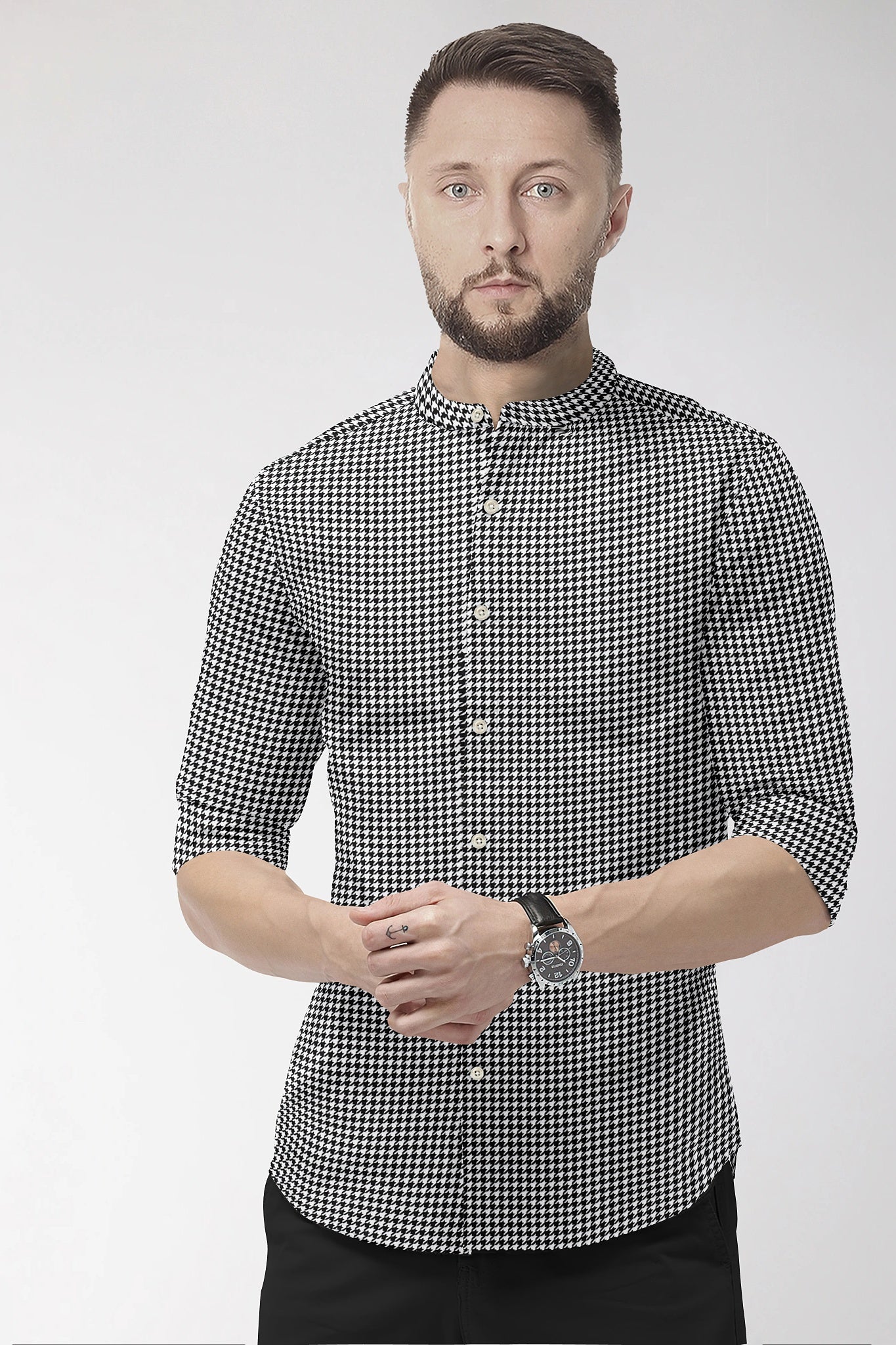 White and Jet Black Hounds Tooth Checks Mandarin Collar Cotton Shirt