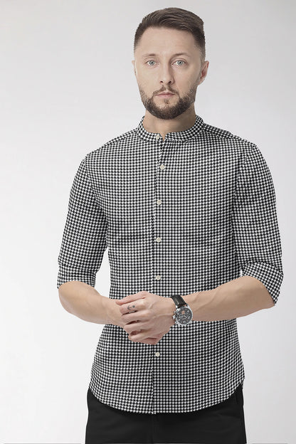 White and Jet Black Hounds Tooth Checks Mandarin Collar Cotton Shirt