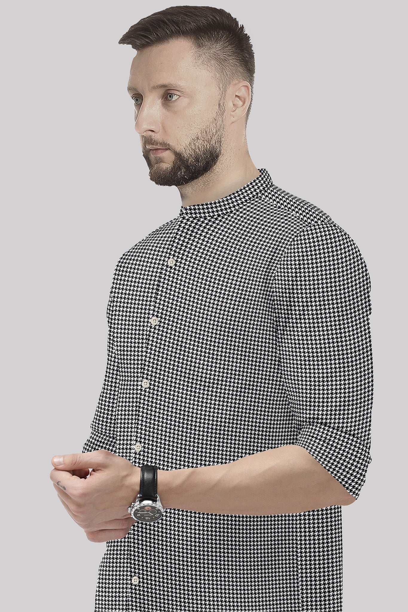 White and Jet Black Hounds Tooth Checks Mandarin Collar Cotton Shirt