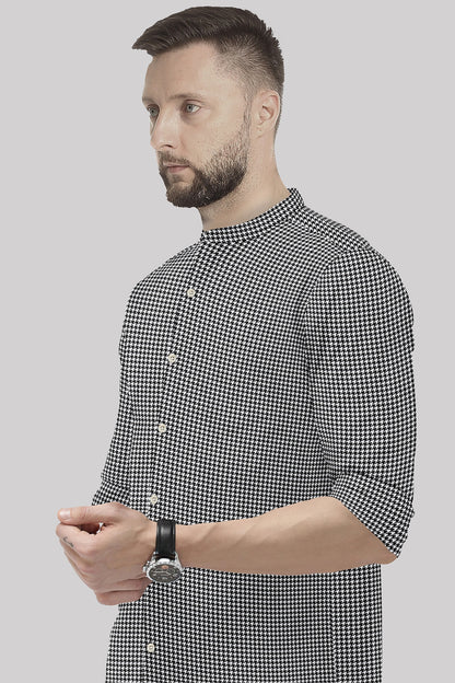 White and Jet Black Hounds Tooth Checks Mandarin Collar Cotton Shirt