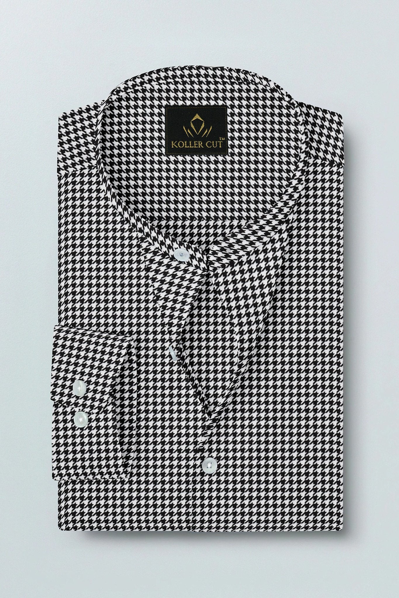White and Jet Black Hounds Tooth Checks Mandarin Collar Cotton Shirt